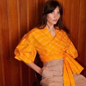 Acler The Wyatt Puff Balloon Sleeve Cropped Wrap Blouse in Pumpkin Stripe 2